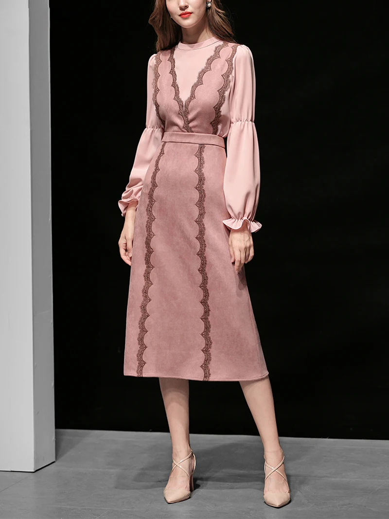 2019 осенние модные женские платья из двух частей с круглым вырезом длинными