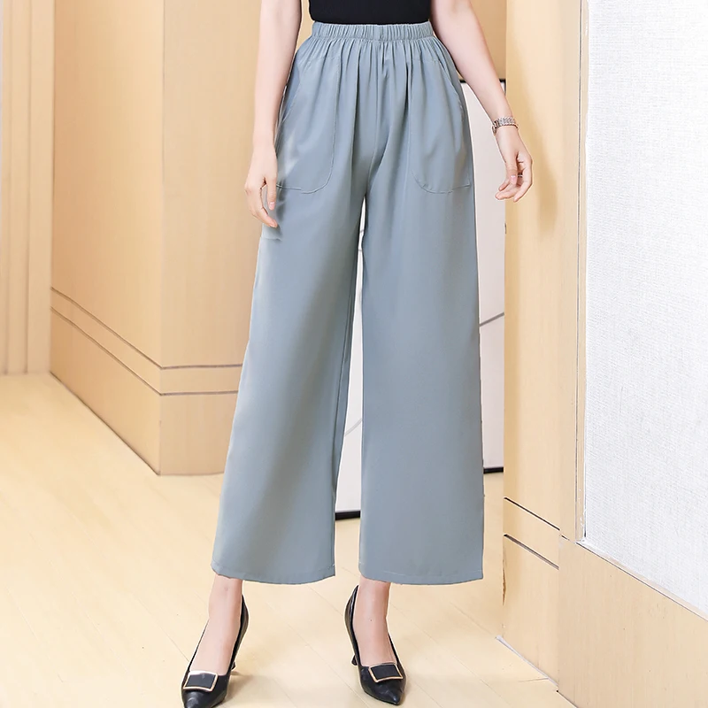 

Женские брюки до щиколотки, классические свободные однотонные брюки с широкими штанинами, в Корейском стиле, с эластичной талией, лето 2021