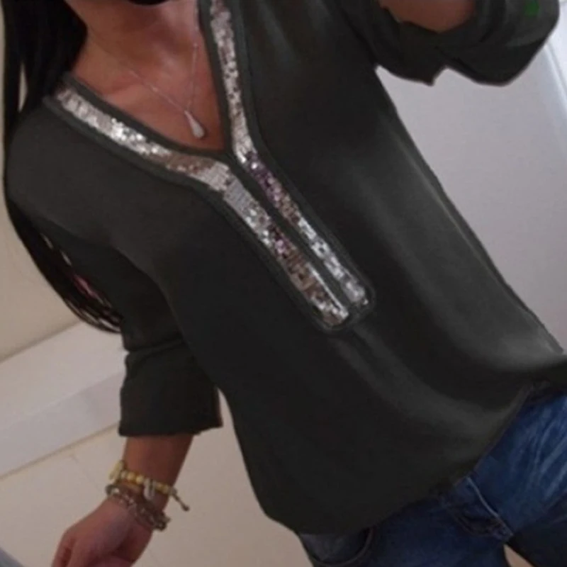 Женская шифоновая футболка с длинным рукавом V-образным вырезом и блестками |