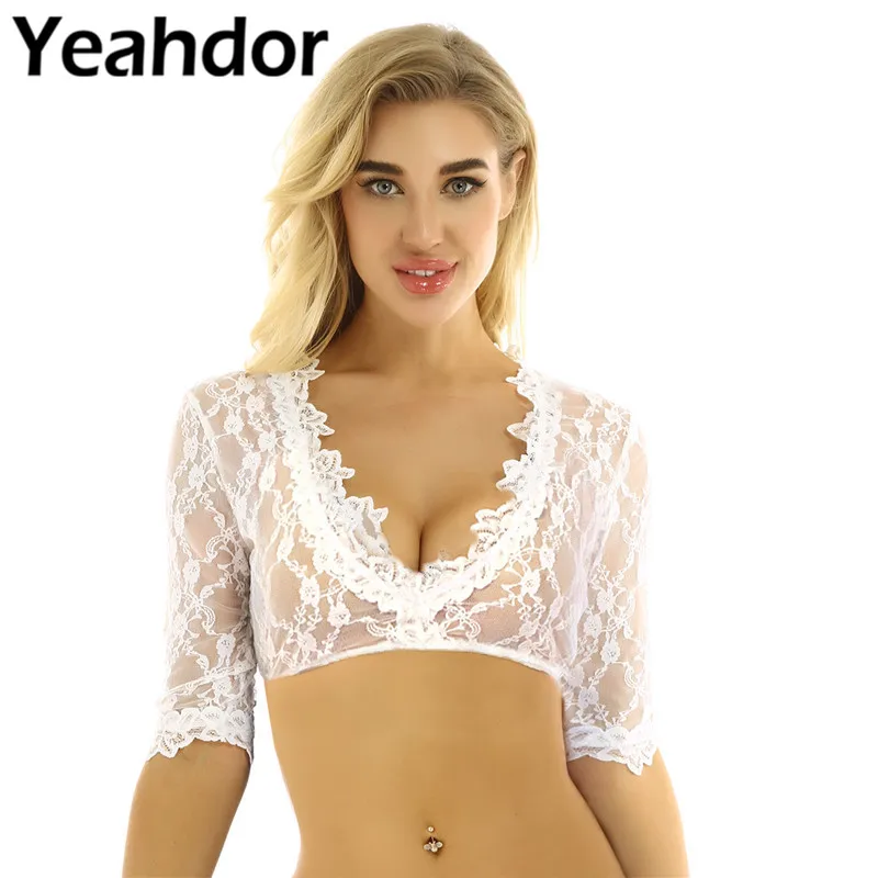 Женский прозрачный кружевной пуловер с глубоким v образным вырезом укороченный