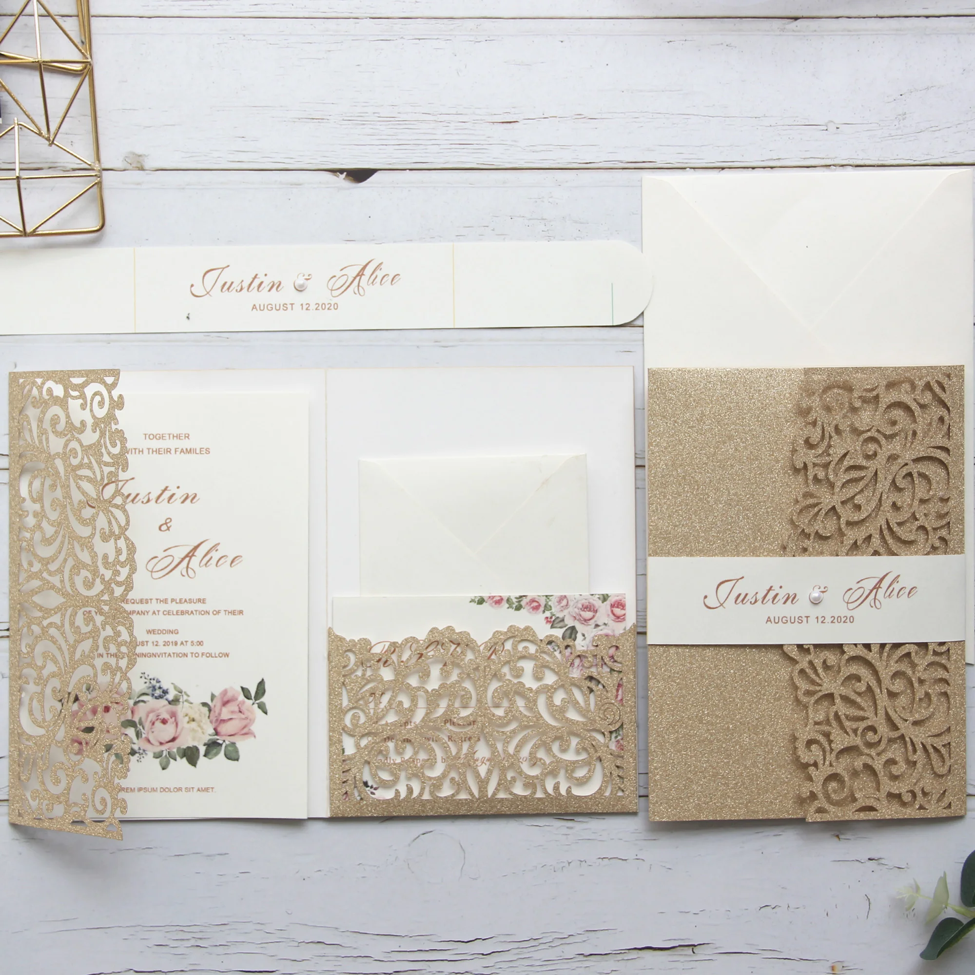 Print custom Laser Cut Wedding Invitations Cards glittery invitations set with RSVP envelop belly band tri-fold pocket invites | Дом и сад
