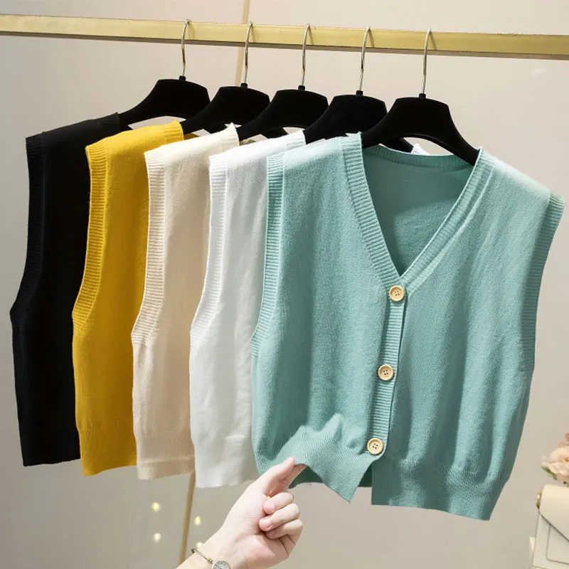 

Autumn Korean Style Short Sweater Vest Women Sleeveless V Neck Knitted Solid Single Breasted Cardigan Japan Loose Female Clothes