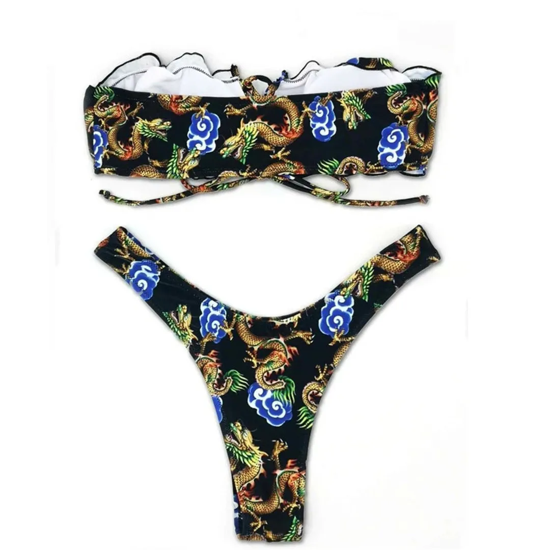 Комплект бикини с принтом китайского дракона женский купальный костюм-бандо