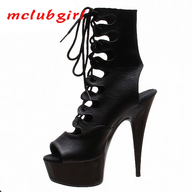 

Mclubgirl 15cm Heels Fish Toe Sexy Lace-up Hollow Short Boots Waterproof Stage Low Boots Nightclub Lap Dance Cool Boots LYP