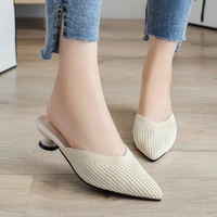 pointed mid heels slippers women summer shoes sexy sandals knitted elastic mesh slingback breathable mules shallow slides shoes