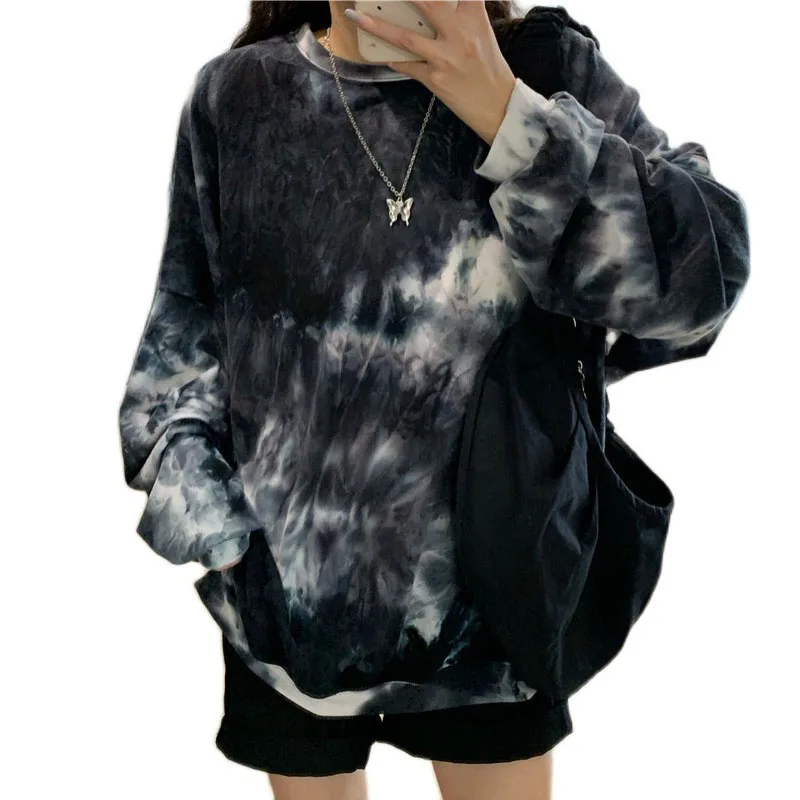 

Women T-shirts Tie Dye Printed Female Tshirt Long Sleeve Casual Tee Top O-Neck Loose Woman T Shirt Fashion Oversize Lady T-shirt