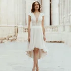 Простое Короткое свадебное платье с V-образным вырезом и рукавами-крылышками, Элегантное свадебное платье с высоким разрезом и кружевом, модель 2021