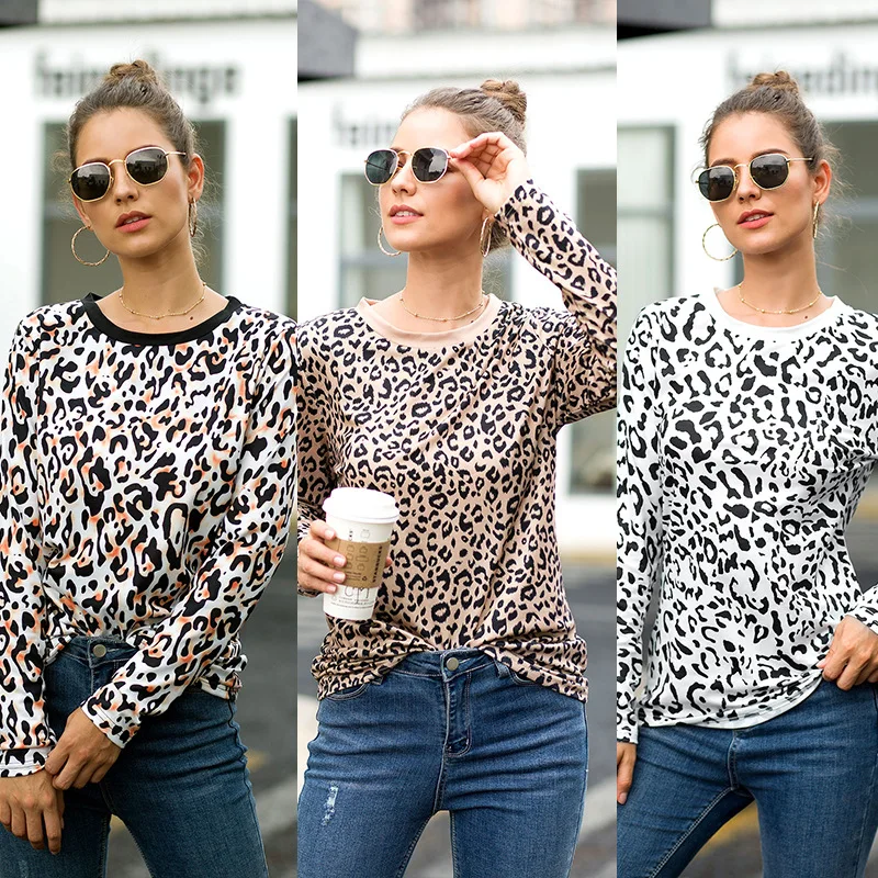 Женская футболка с леопардовым принтом уличная круглым вырезом и длинными