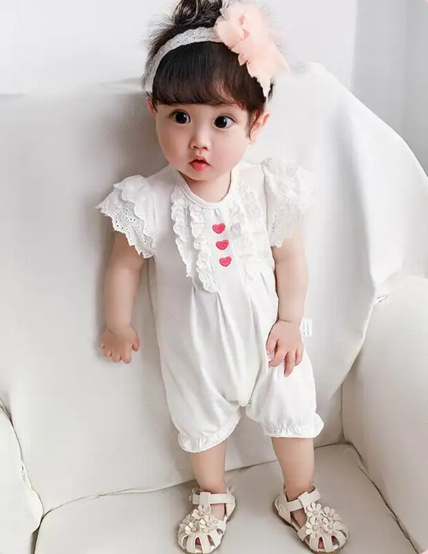 

Baby Girl Summer Romper 2020 New Love embroidery white Lace sleeve Cotton Overalls Toddler Clothing E29603