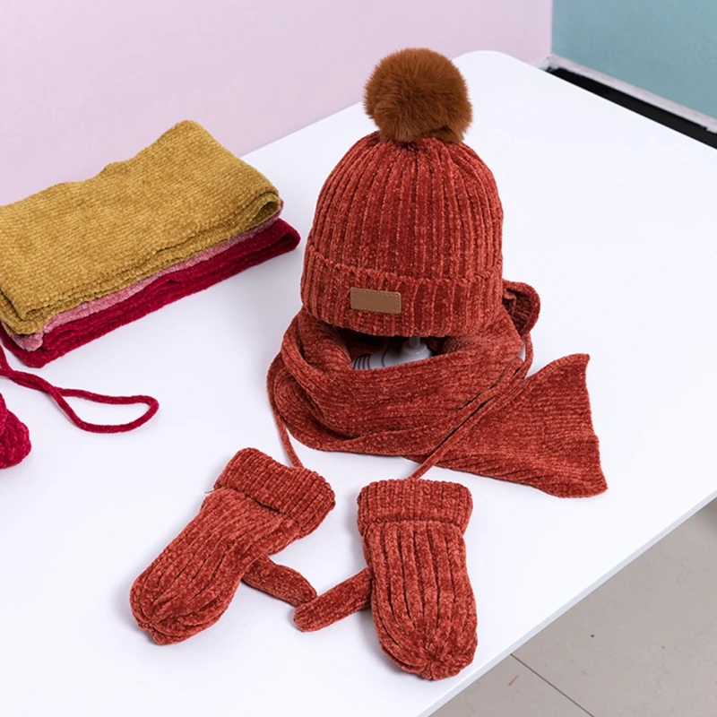 

Kids 3Pcs Winter Warm Beanie Hat Long Scarf Gloves Set Chenille Velvet Knit Plush Lined Solid Color Pompom Skull Cap