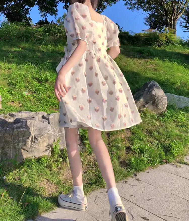 

Japanese Summer New Kawaii Soft Girly Dresses Elegant Square Collar Cute Puff Sleeve Sweety Girl Strawberry Bow Loose Dress