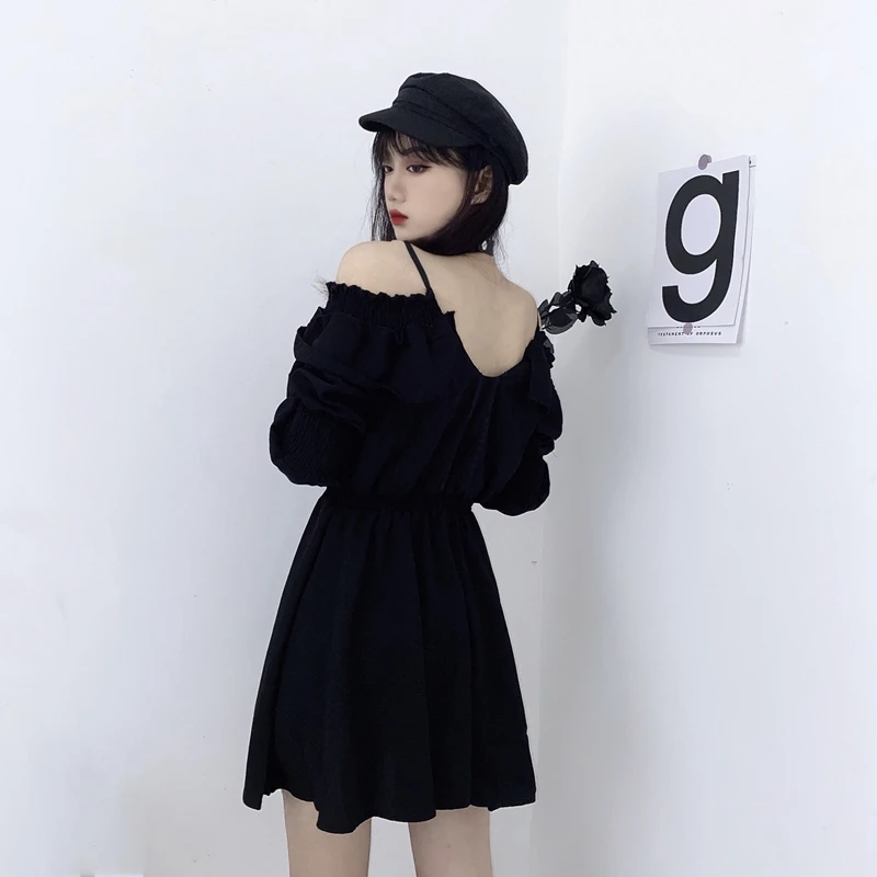 Размера плюс S-4XL Femme платья с открытыми плечами на шнуровке черного цвета осенние