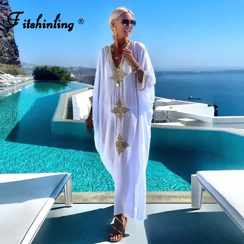 

Fitshinling Bohemian Kaftan Oversize Long Dress Beach Cover Up 2022 Summer Embroidery V Neck Robe Holiday Outing Fashion New