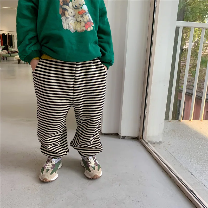 

Winter 2021 New Children's Fashion Comfort Pants Men's and Girls Korean Version Thick Striped Sweatpants Pants for Girls
