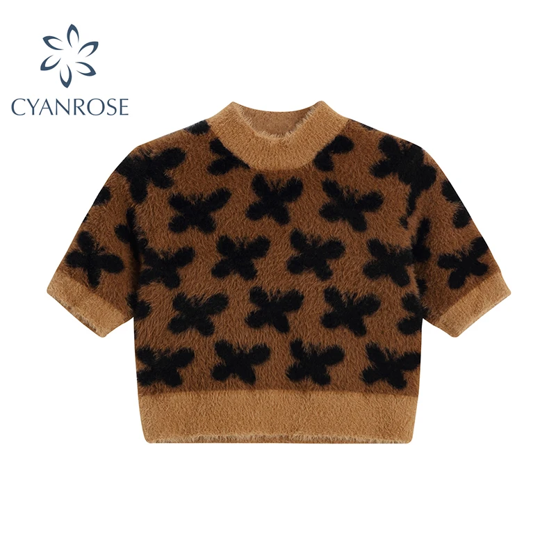 Укороченный пуловер с круглым вырезом или вязаные топы Женская плюшевая уличная