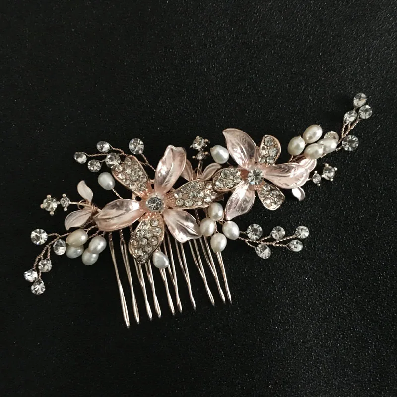 SLBRIDAL Handmade Rhinestones Crystal Freshwater Pearls Flower Wedding Hair Comb Clip Bridal Accessories Women Jewelry | Украшения и
