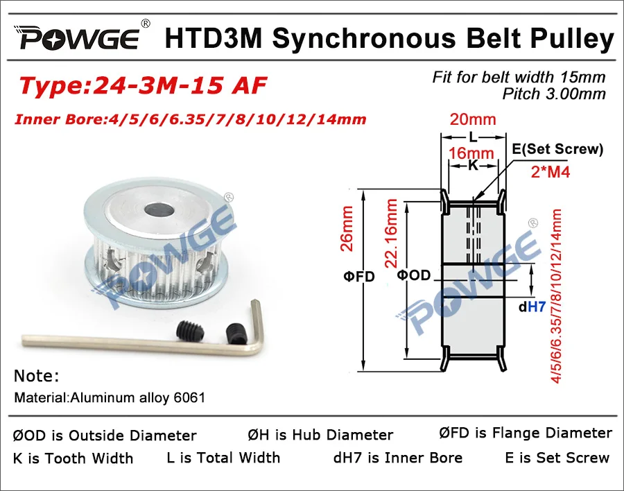 Зубчатый шкив POWGE Arc HTD 3M 24 зубца отверстие 4/5/6/6.35/8/10/12 мм для ширины 15 3 м синхронные