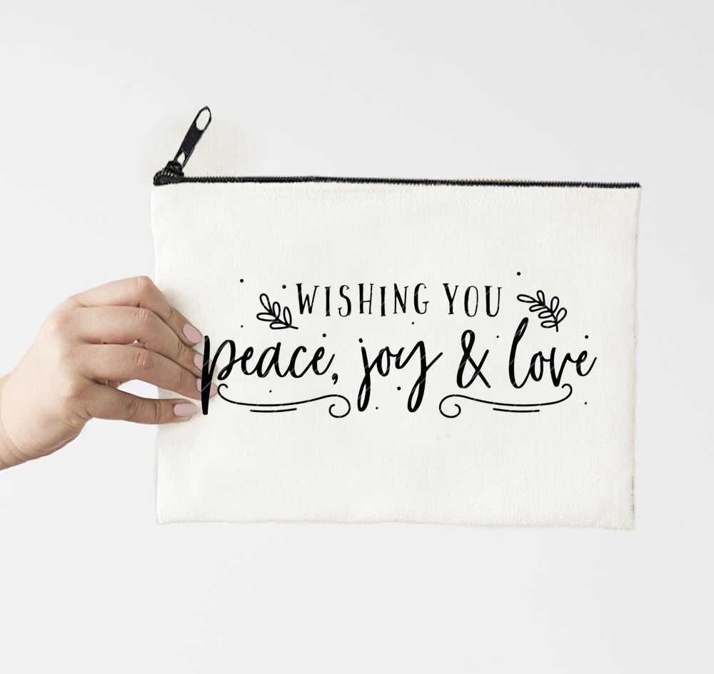 

Wish You Joy Love Peace Makeup Bag 2021 Merry Christmas Travel Size Makeup Fashion Zipper Cute Bag Print Cosmetic Bag Cute