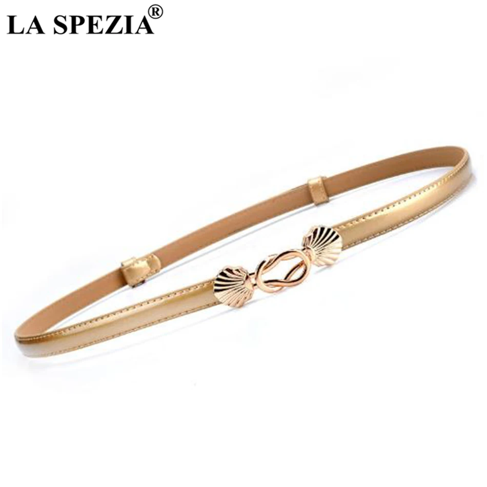 

LA SPEZIA Women Belt Double Buckle Thin Gold Belts Fashion Real Leather Cowhide Female Brand Designer Narrow Waist Belts Dress