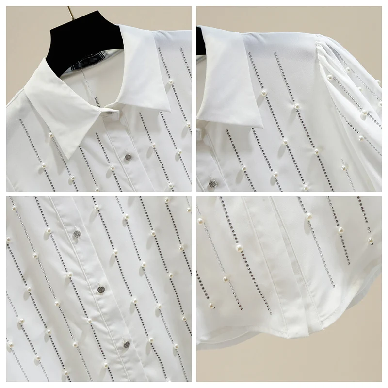 

Heavy Hot Drilling Street Blouse Beaded Lapel Single Breasted Shirt Women's Casual Loose Short Sleeve Chiffon Tops Ladies Shirts