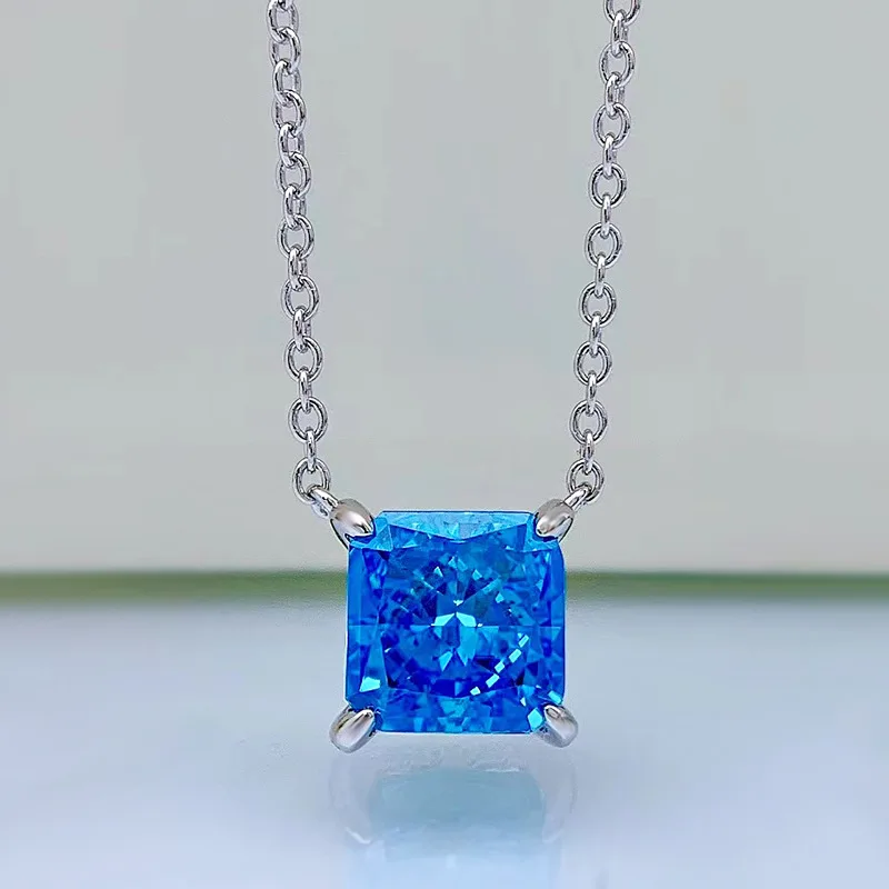 

S925 Sterling Silver Stud Earrings Blue High Carbon Diamond 8*8mm Pendant Necklace Super Beautiful Fairy Women's Jewelry 2021