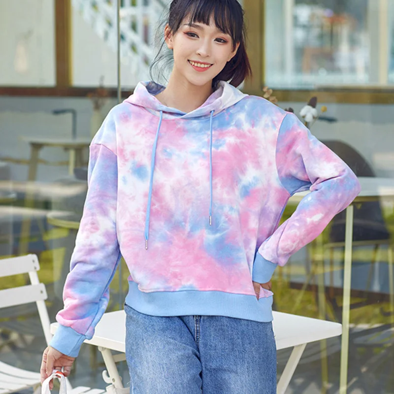 

NANCY TINO Women's Long-sleeved Tie-dye Stitching Printed Pullover Short Polyester Loose Casual Top