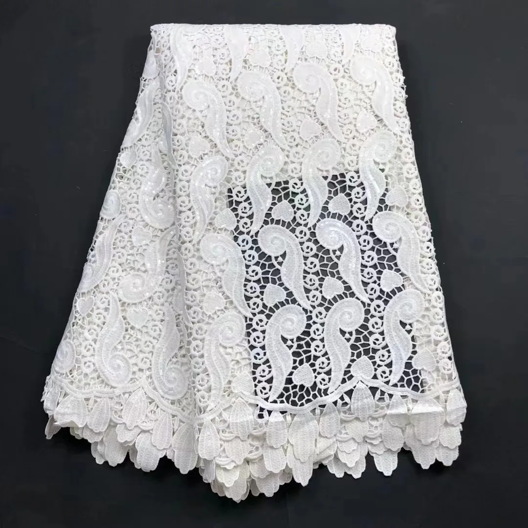 

Pure White African Lace Fabric 2021 High Quality Water Soluble Guipure sequins Laces For Nigerian Wedding Party Dress