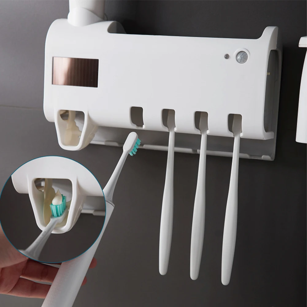 Automatic Toothpaste Dispenser LED Ultraviolet Toothbrush Sterilizer With Infrared Induction Solar Charging Bathroom Set Newest