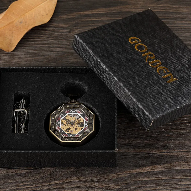 

Retro Unique Hexagonal Roman Number Pocket Watch FOB Chain Steampunk Poker New Steel Mechanical Hand-winding Bronze Pocket Watch