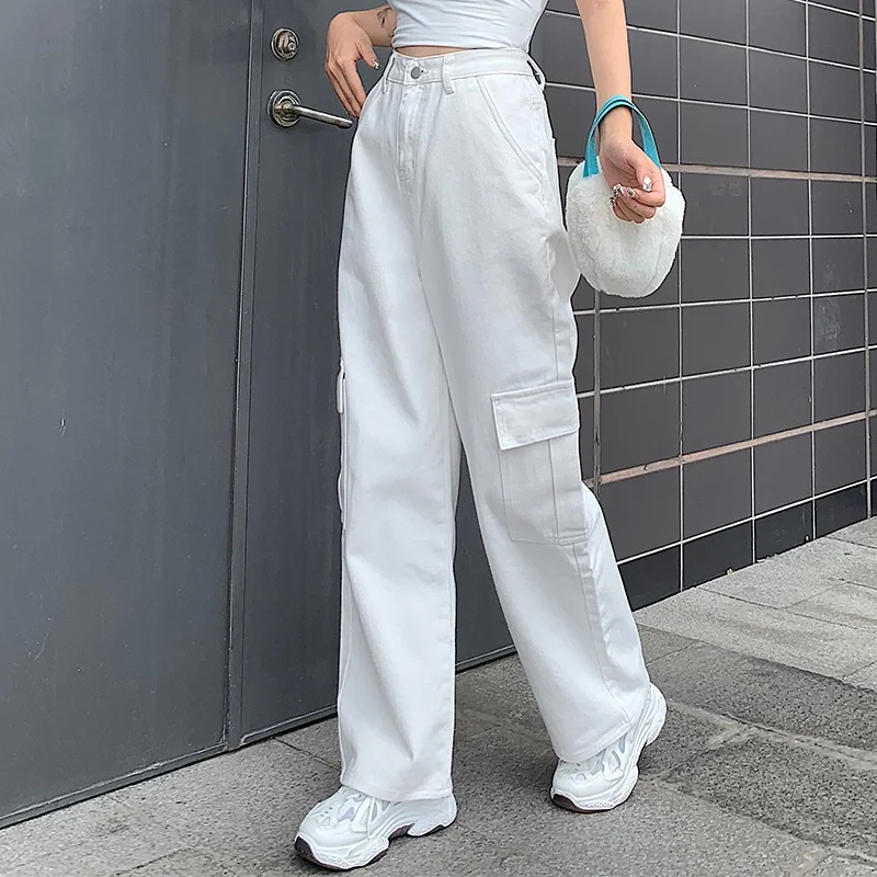 

Weekeep Patchwork Pockets High Waist Jeans Women Streetwear Straight Jean Femme Blue 100% Cotton Cargo Pants