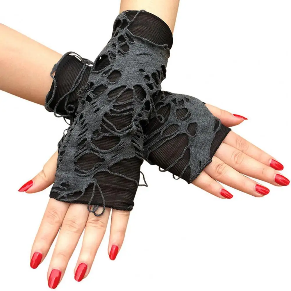 

1 Pair Halloween Gloves Ripped Holes Fingerless Black Half Finger Punk Style Gloves Cosplay Accessories
