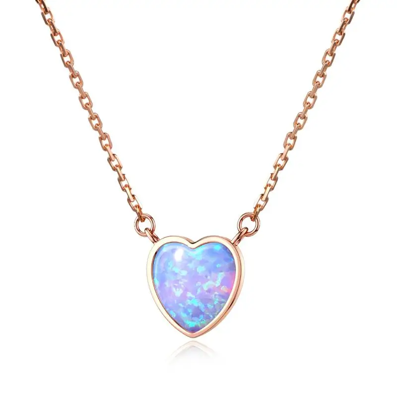 

Rose Gold Love Heart Charm Necklace Silver Electroplating Pendant Blue Artificial Opal Stone Jewelry For Women Wedding Choker