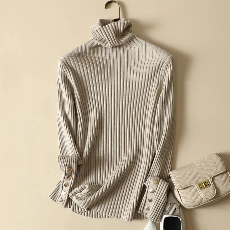 Женский пуловер с высоким воротом свитер кабель ребристый тонкий длинный рукав