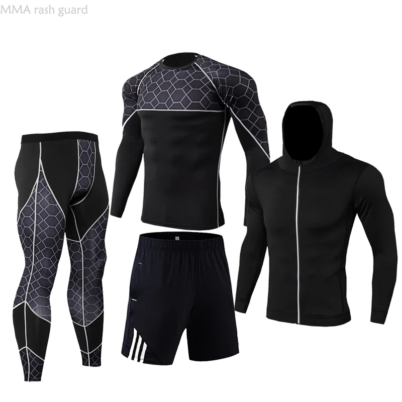

Tracksuits Male 2021 Winter 4-pc /set Running Compression Sportswear Set Blue Mesh Grid Jogging Skin Sweat Training Suits Set