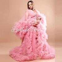 fashion pink ruffles tulle pregnant woman dresses to photo shoot see thru long tulle robe ruffles long puff sleeves vestidos