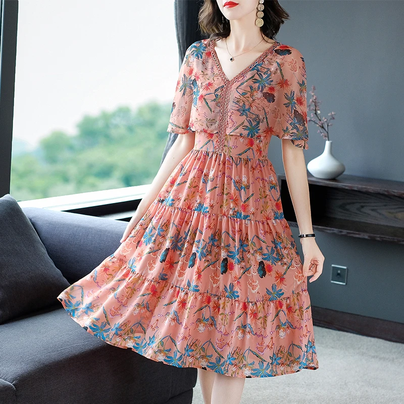 

COIGARSAM 4XL Plus Size French Style Floral Print Women dress New Summer Vintage Chiffon Dresses Pink 3392