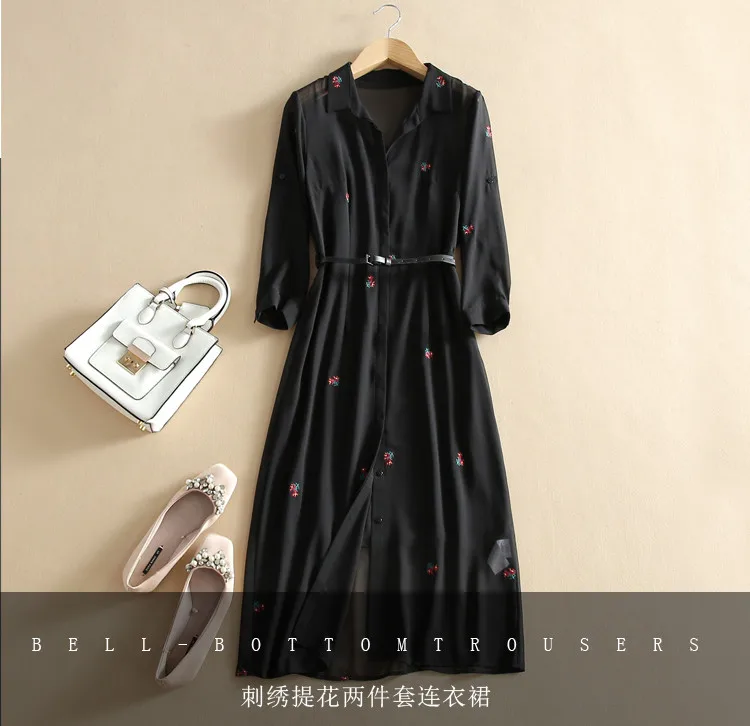 

Женская Длинная блузка, черный женский летний костюм из двух предметов с поясом с цветочной вышивкой, однобортный Топ с зауженной талией, Но...