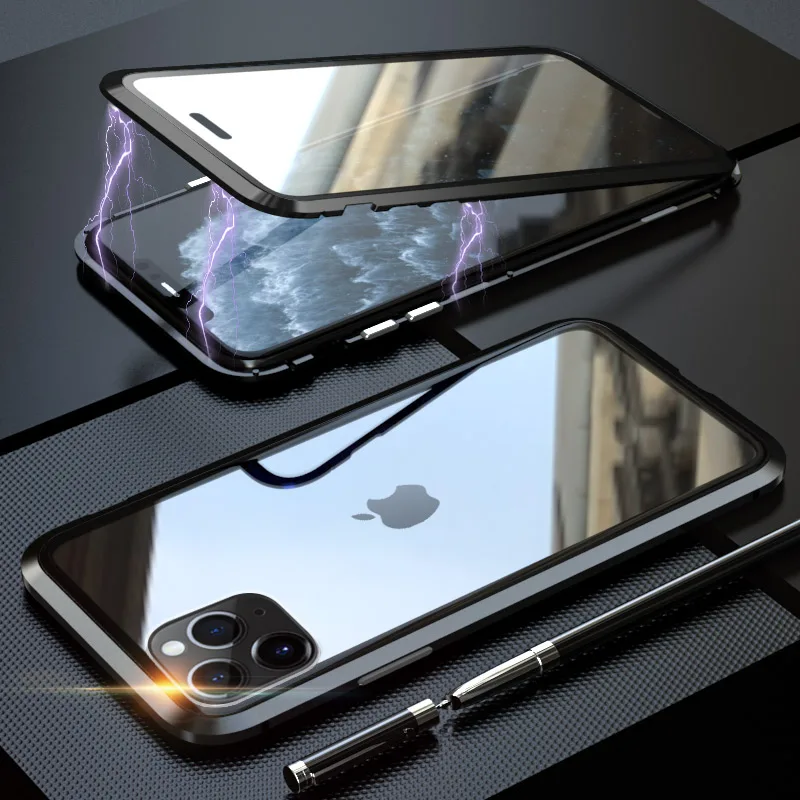 black Магнитный чехол для apple iphone 11 pro max 360 Защита двухстороннее закаленное стекло чехол для iphone 11 pro чехол на iphone 11 i phone11 металлический магнит Адсорбция Filp Coque fundas - Цвет: black