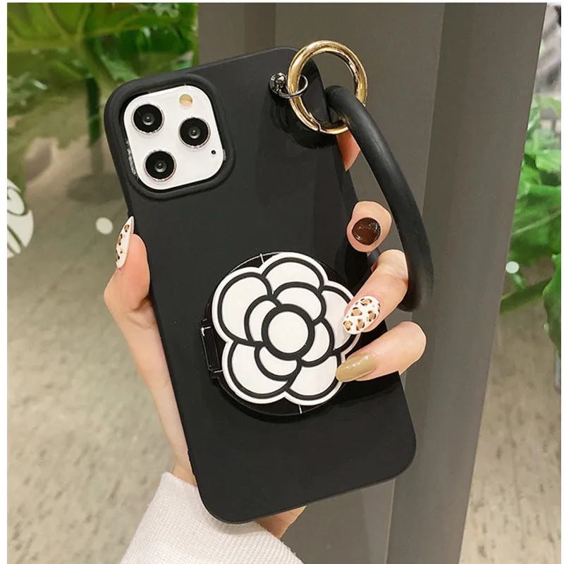 

3D Camellia Flower Makeup Mirror Phone Case For Huawei Y8S Y7 Y6P Y9 Y6 2019 P smart 2020 plus S Pro Z 2021 Big Bracelet Ring