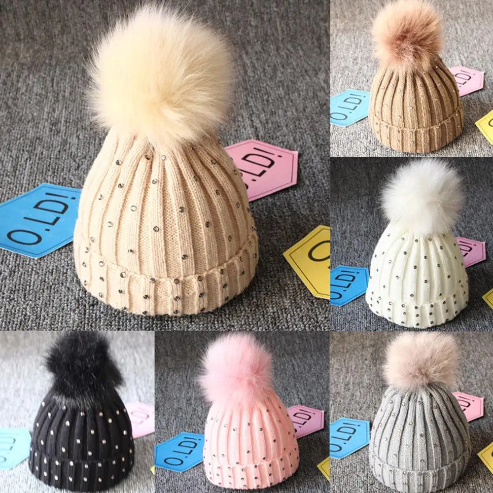 

Newborn Winter Warm Fur Pom Gem Bobble Knit Beanie Hat Toddler Knit Woolen Yarn Hats