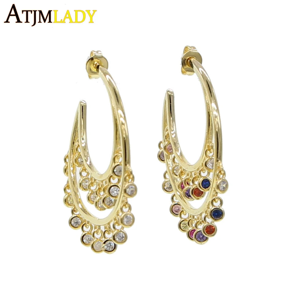 Женские Геометрические серьги кольца с радужным кубическим цирконием