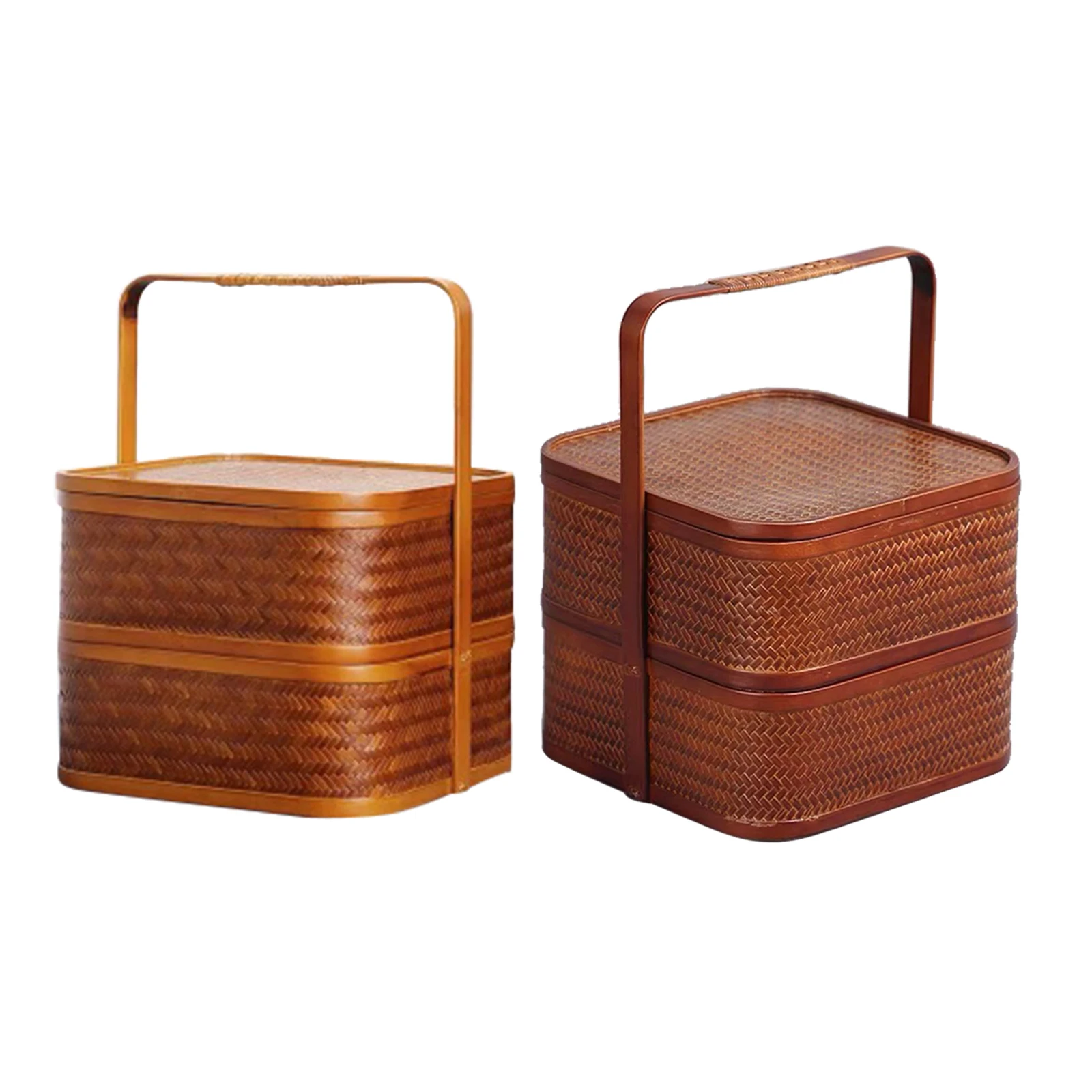 

1Pcs Chinese Style Antique Bamboo lunch box Double-layer Design Storage Pastries Picnic Box Snack Food Container
