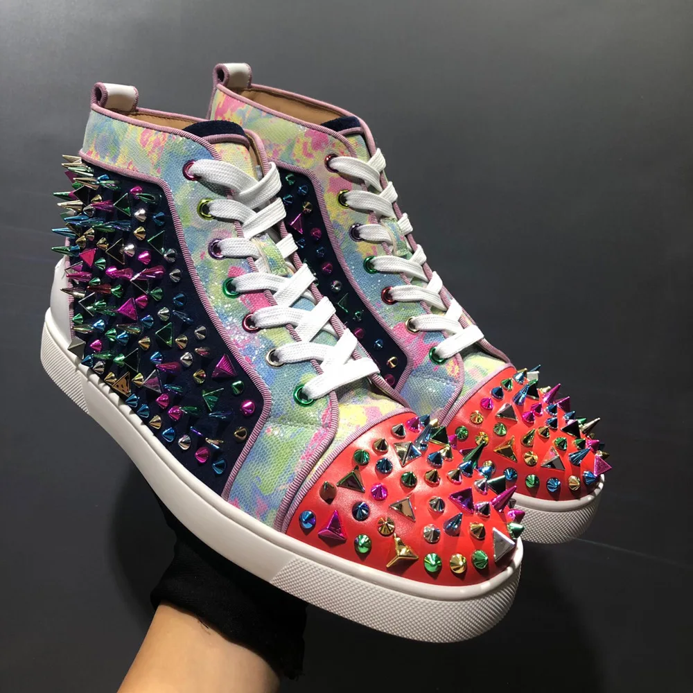 

High Top Color Genuine Leather Rhinestone Messy Rivet Ladies Red Bottom For Men Spikes Casual Flats Loafers Shoes Factory Sales