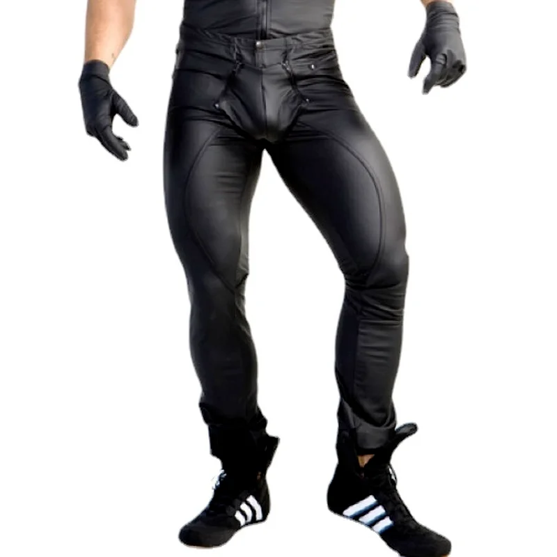 Mens Skinny Wetlook Shiny Black PU Leather Zipper Open Crotch Trousers for Male Trouser Stage Club Wear Biker Pants Gay |