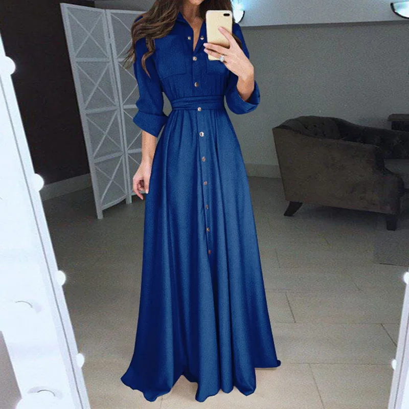 Женское длинное платье рубашка на пуговицах однотонное элегантное облегающее