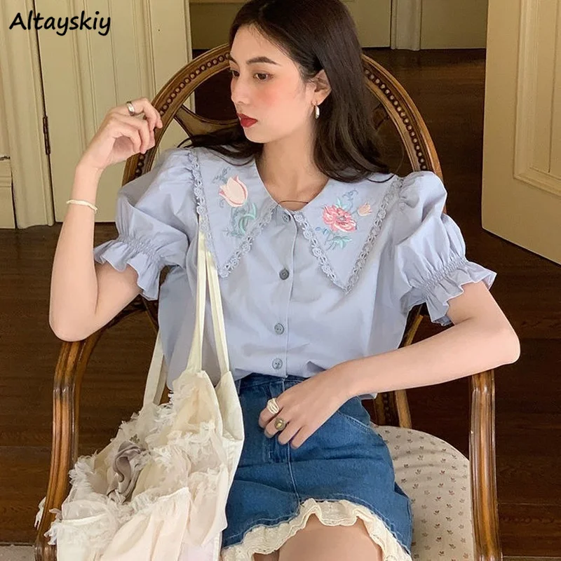 

Shirts Women Embroidery Casual Fashion Vintage Peter Pan Collar Sweet Ulzzang French Style Summer Floral All-match Popular Mujer
