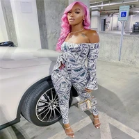 sexy fashion print off shoulder crop topspants leggings womens casual long sleeve bodycon clubwear matching outftis sets