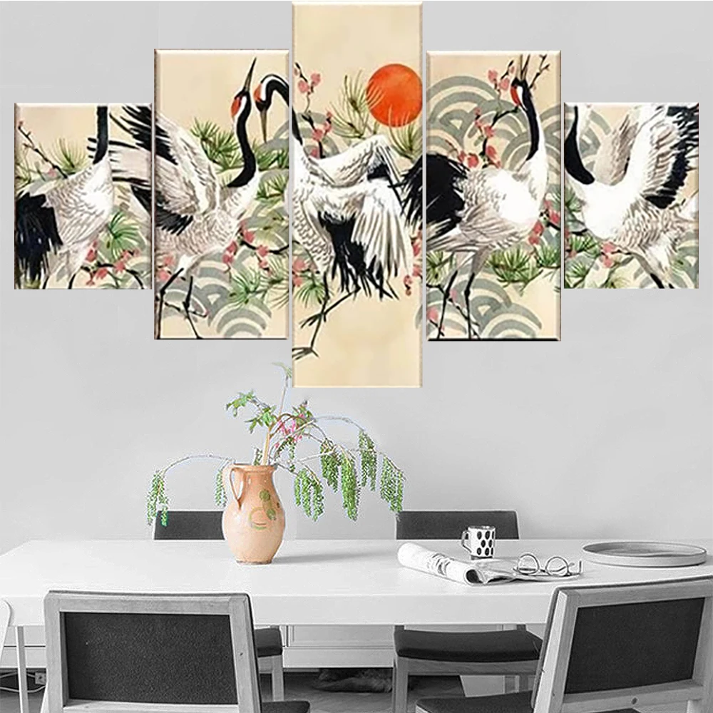 

5 Pieces Wall Art Canvas Painting Animal Poster Dance Of The Cranes Home Decoration Pictures Modern For Living Room Modular