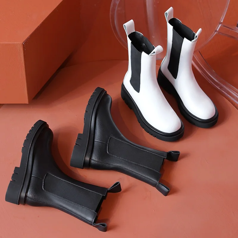 

Brand Autumn Winter Casual Women Mid Calf Boots Genuine Leather Shoes Woman Thick Heels Fashion Basic Riding Boots Size 34-42