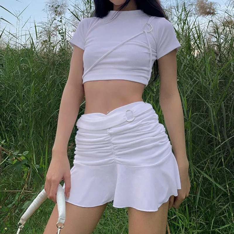 

Women 2021 Summer Fashion Ruched Skirt, Sexy Solid Color O-ring Mini Skirt